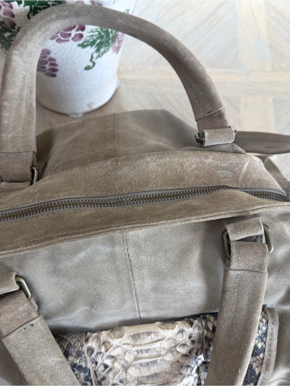 Suede Taupe Men's Carry Bag with Snake-Texture Accent